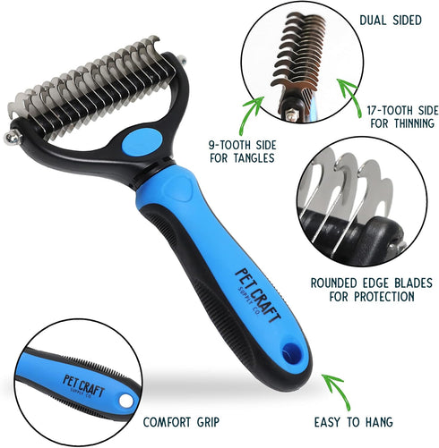 Pet Craft Supply Dog Grooming Rake Undercoat Brush 2-in-1 Pet Deshedding Dematting Detangler Tool with Double Sided Metal Comb Head for Cats and D...