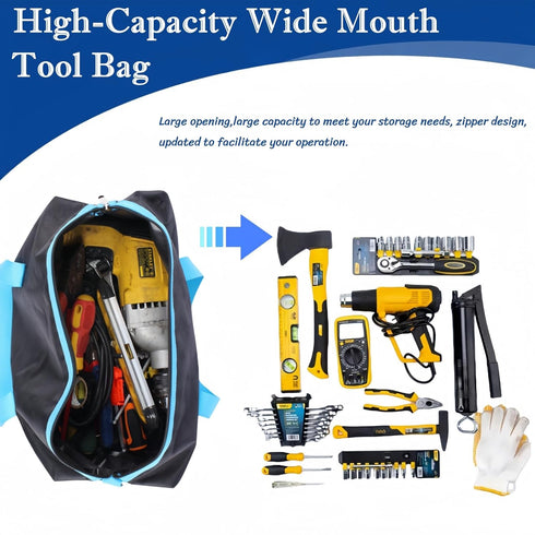 Wide Mouth Tool Bag, Heavy Duty Tool Bag for Men, High Capacity Tool Tote Bag for Electricians, Multipurpose Power Tool Bag Organizer for Mechanic...