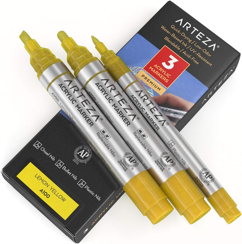 ARTEZA Acrylic Paint Markers, Pack of 3, A100 Lemon Yellow, 1 Thin and 2 Thick, Chisel + Bullet Nib, Paint Pens for Canvas, Rock, Glass, Wood...