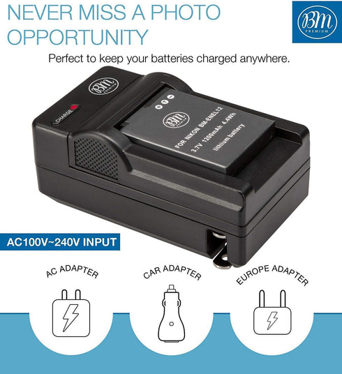 BM Premium EN-EL12 Battery and Charger for Nikon Coolpix A1000 B600 W300 A900 AW100 AW110 AW120 AW130 S6300 S8100 S8200 S9050 S9200 S9300 S9400 S9...