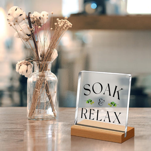 Funny Bathroom Desk Decor,Soak Relax Funny Bathroom Sign Acrylic Plaque With Wooden Stand Sign for Bathroom Shelf Toilet Restroom Home Tabletop De...