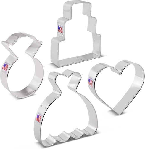 Wedding Cookie Cutters 4-Pc. Set Made in USA by Ann Clark, Wedding Dress, Wedding Cake, Diamond Ring, Heart...