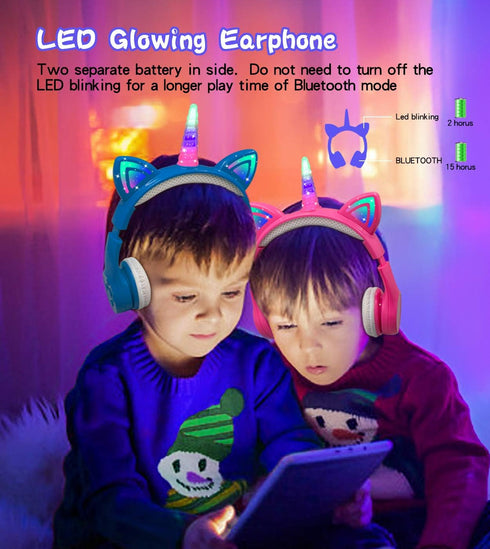 Unicorn Kids Bluetooth Headphones,15 Hours Play time, Toddler Bluetooth Headphones for Girls Boys Laptop Phones,Led Light Up Kids Wireless Headpho...