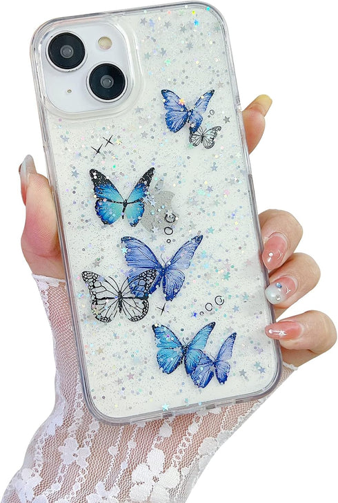 Compatible iPhone 14 Plus Case Clear Women Girls Flexible TPU Purple Butterfly Stars Sparkle Glitter Anti-Scratch Shockproof Protective Phone Cove...