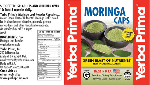 Yerba Prima Moringa, 180 Count Veg Caps - 400mg of Pure, Dried Leaf Powder, Green Blast of Nutrients, Rich in Antioxidants, 100% Pure, Super Food,...