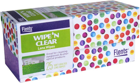 Flents Wipe N Clear Lens Wipes, 25 Count, Assorted Box Patterns for Glasses, Sunglasses, and Camera Lenses, Streak-Free, Anti-Fog, Portable Cleani...