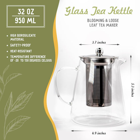 Glass Teapot with Removable Stainless Steel Infuser (32oz / 950ml) - High Borosilicate, Stovetop & Microwave Safe, Heat-Resistant Tea Kettle - Blo...