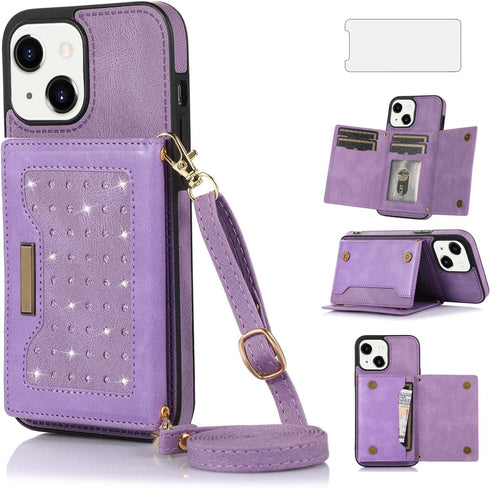 Asuwish Phone Case for iPhone 13 6.1 inch Wallet Cover with Tempered Glass Screen Protector and Card Holder Slot Stand Leather Bling Glitter Cell ...