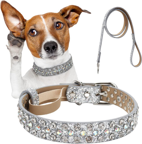 Rhinestone Dog Collar, Bling Diamond Pet Collars with Leash Adjustable, Dazzling Sparkly Crystal Studded Microfiber Leather Spiked Puppy Collar Cu...