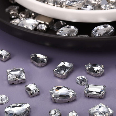 320 Pieces Sew on Rhinestone Sew Crystals Acrylic Gems Sewing Claw Rhinestone Flatback Gemstones with Hole Silver Prong in Mix Shape Mixed Size fo...