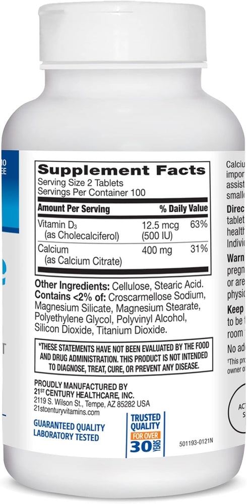 21st Century Calcium Citrate + D3 Petites Coated Tablets 200 ea...