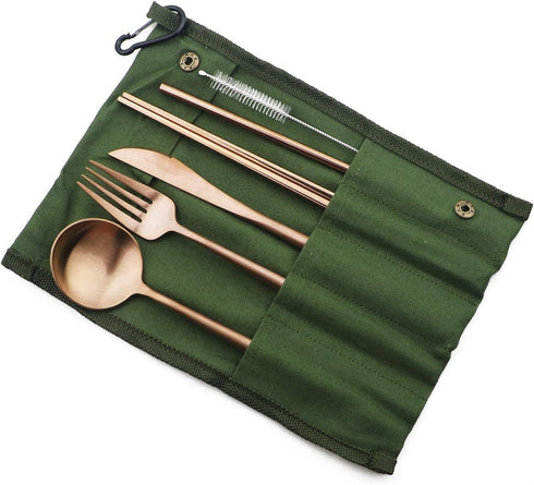 Eco-friendly Matte Finish Flatware Sets 7 Pieces Cutlery Set Knife Fork Spoon 18/10 Stainless Steel Rose Gold Portable Travel Utensil Set for Trav...