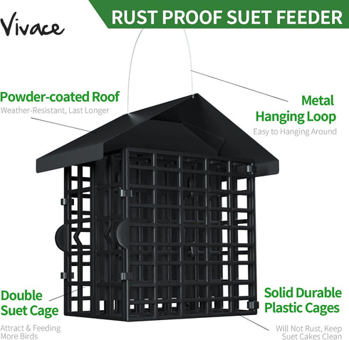 Suet Feeder, Vivace Suet Feeder with 2 Suet Cages, Metal Roof Covered Suet Bird Feeder Hanging Wild Bird Feeders Suet Holder Rust Proof Suet Cake ...