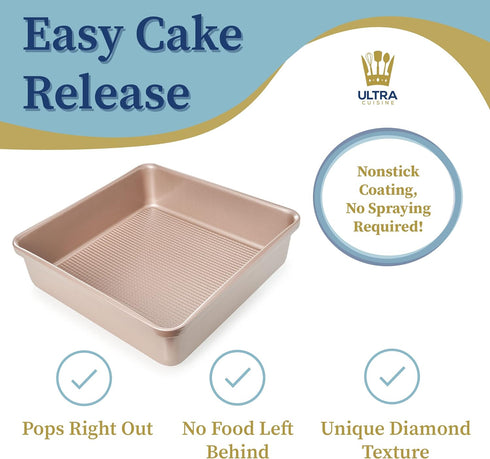 Ultra Cuisine Nonstick Square Cake Pan, Even Baking and Roasting, Easy to Clean, Durable Quality, Warp & Scratch Resistant Texture for Easy Releas...