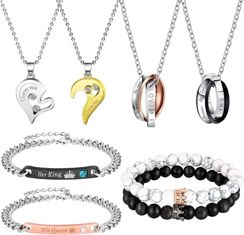 Hicarer 8 Pcs Couples Necklace Bracelet Matching Ong Distance Touch Necklace Her King His Queen I Love You Necklaces Jewelry Set for Bf Gf Women M...