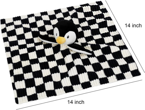 Baby Lovey Blanket for Boys Girls Super Soft Checkerboard Gingham with Minky Dot Fabric Backing Penguin Stuffed Animal Lovely Snuggle Toy Black 14...