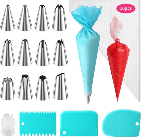 ALLTOP Piping Bags and Tips Set -Ultimate Cake Decorating Supplies Kit - Included 10Pcs Disposable Pastry Bags, 1 Reusable Silicone Bag, 1 Coupler...
