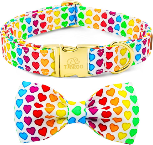 Heart Dog Collar with Colorful Bow Tie, Pride Pet Collar Adjustable Cotton Collar Valentines Gifts for Small Medium Large Boys Girls Dogs, M...