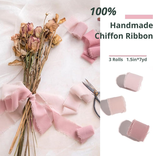 HTVRONT Chiffon Silk Ribbon 1.5" x 7Yd Soft Handmade Fringe Frayed Edged Baby Shower Bridal Bouquets Wedding Invitation Decor (Cream & Pink)...