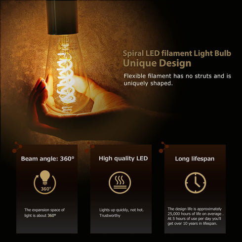 6 Pack ST19(ST58) LED Edison Bulb, Vintage LED Filament Bulb,Softy White 2700K, Antique Flexible Spiral LED Filament Light Bulb, Dimmable 600LM, 6...