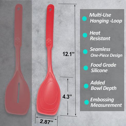 Large Silicone Cooking Spoon, Non-Stick Solid Spoon set with Deep Bolw and Measurement Mark for Mixing, Serving, Draining, Scooping, Scraping, Hea...