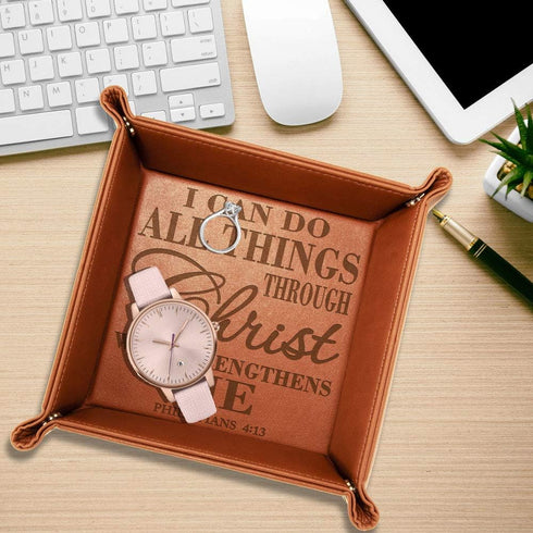 KATE POSH - Philippians 4:13 - I can do All Things Through Christ who Strengthens me Engraved Leather Catchall Valet Tray, Christian & Catholic Gi...