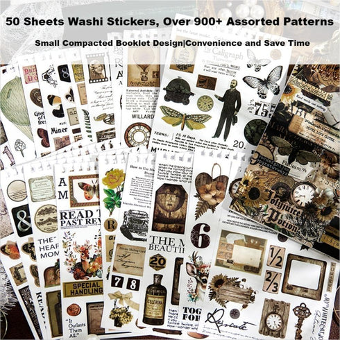Diuhofart 900+ Mini Scrapbook Washi Stickers for Journaling, 50 Sheets Vintage Sticker Book, Ephemera for Junk Journal Supplies Bullet Journals, S...