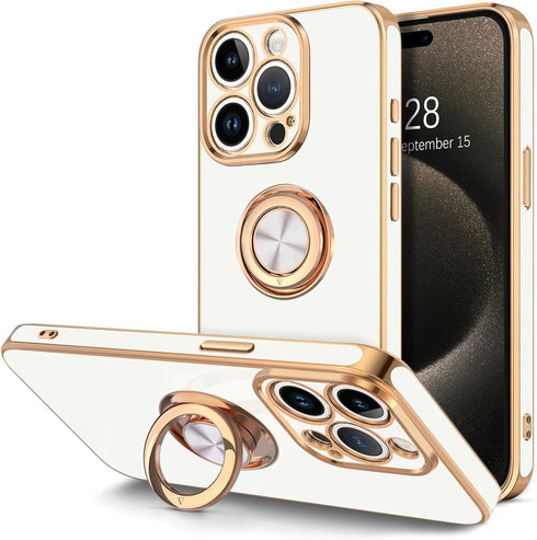 Hython Case for iPhone 15 Pro Case with Ring Stand, 360° Rotatable Ring Holder Magnetic Kickstand, Plating Rose Gold Edge Soft Cover Luxury Protec...