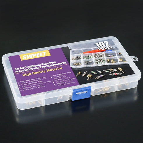 Swpeet 78Pcs R12 R134a Valve Cores Repair Kit, Including Assortment R12 R134a Air Conditioning Valve Core Refrigeration Tire Stem Cap with Remover...