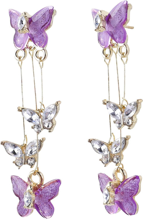 Purple Butterfly Earrings Crystal Butterfly Earings Long Tassels Shiny Butterfly Dangle Earrings Zircon Earrings for Women Crystal Rhinestone Drop...