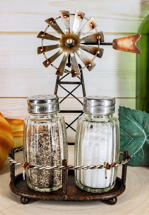 Ebros 6.5"Tall Rustic Country Farm Agricultural Windmill Outpost Salt And Pepper Shakers Holder Display Stand Set Western Kitchen Dining Home Deco...