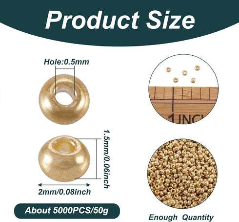 Craftdady 12/0 Golden Glass Seed Beads 2mm About 5000Pcs Metallic Small Round Pony Loose Spacer Beads for Jewelry Making Hole: 0.5mm...