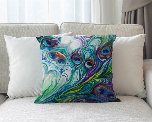 Moslion Peacock Feather Pillow Case Home Decorative Oil Painting Feathers White Blue Pink Throw Pillow Case 18" x 18" Inch Cotton Linen Cushion Co...