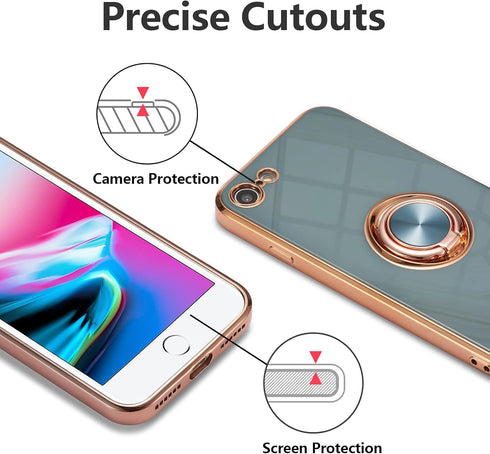 EYZUTAK Electroplated Magnetic Ring Case, 360 Rotation, Metal Finger Ring Holder, Soft Silicone Cover for iPhone SE(5G) 2022, iPhone 7/8/SE 2020 -...