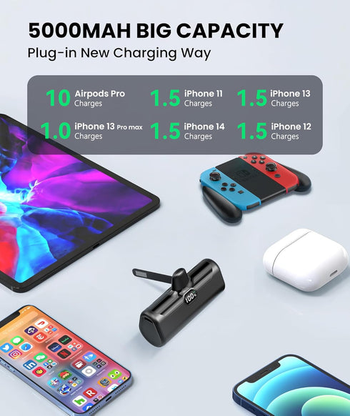 Small Portable Battery Charger for iPhone, Little Battery Pack with Metal Stand/100%-0% LCD Display/Back LED Flashlight Mini Power Bank Charger fo...