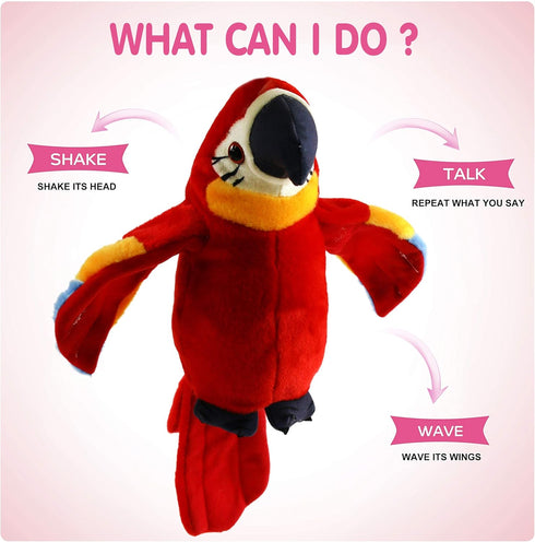 Houwsbaby 9'' Red Talking Parrot Plush Pal Repeat What You Say Recording Stuffed Animal Macaw Electronic Record Interactive Animated Bird Shake Wi...
