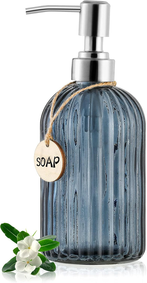 16 OZ Soap Dispenser?Tempered Glass Clear Vertical Stripe with 304 Rust Proof Stainless Steel Pump Refillable Liquid Hand Soap Dispenser?for Bathr...