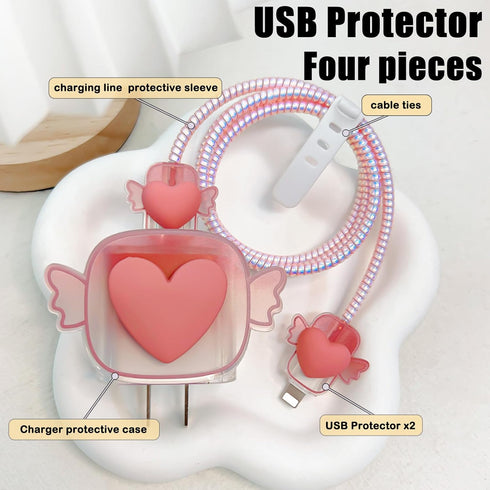 Wings Cable Protector for Apple Charger with Cute 3D Pink Love Heart Design, Data Line USB Charger Cover Wire Cord Saver DIY Charger Protector Com...