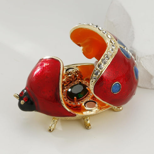 Hand Painted Enameled Ladybug Trinket Box, Hinged Unique Mini Ring Necklace Jewelry Organizer, Classical Bejeweled Storage, Figurine Collectible K...