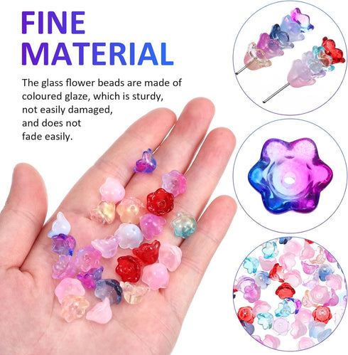 VILLCASE 100pcs Glass Flower Beads, Colorful Glaze Trumpet Flower Crystal Loose Beads, Translucent Bell Flower Spacer Beads with Hole for Jewelry ...