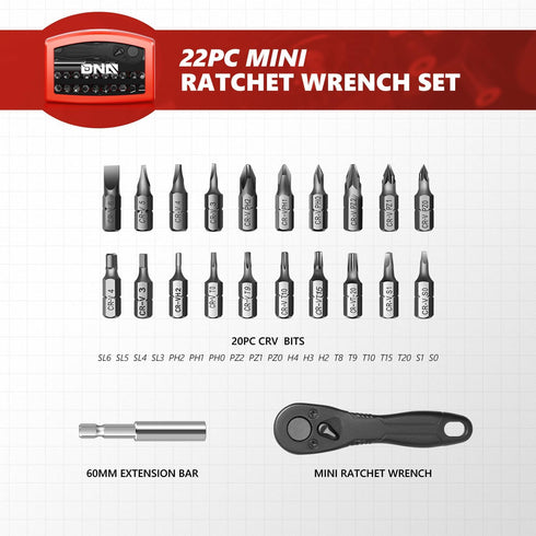 DNA MOTORING 22PCS Mini Ratchet Wrench Set With 60mm Quick-release Extension Bar, 20pcs CRV Bits, TOOLS-00417...