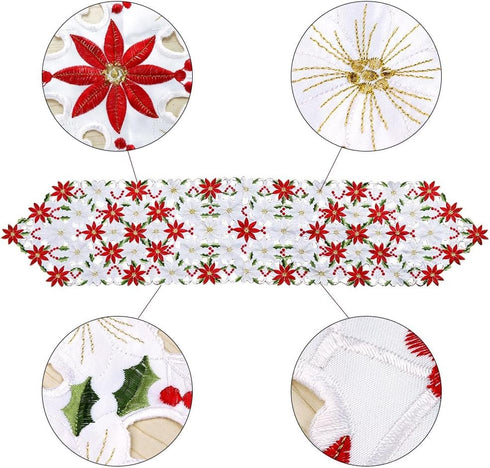 OurWarm Christmas Embroidered Table Runners Poinsettia Holly Leaf Table Linens for Christmas Decorations 15 x 70 Inch...