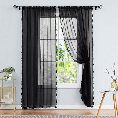 Treatmentex Black Pom Pom Sheer Curtains for Bedroom 63" Linen Texture Decorative Voile Draperies Chic Solid Sheer Curtain Panels for Living Room ...