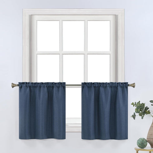 Home Queen 24 Inch Kitchen Curtain Tier, Water Repellent Short Curtain for Small Windows, Bathroom, Living Room, 2 Pack, Blue...