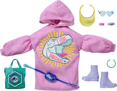 Barbie Fashion Pack of Doll Clothes Inspired by Jurassic World, Collectible Set includes Sweatshirt Hoodie Dress with Dinosaur Graphic & 8 Accesso...