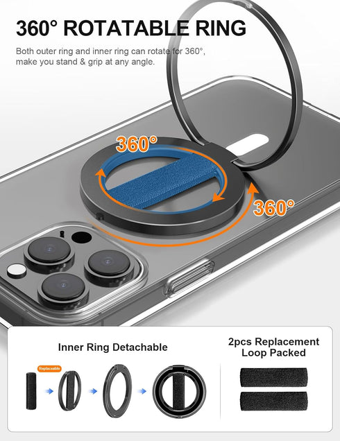 EWA MagOne Ultra Phone Grip Stand with Replaceable Elastic Finger Loop, Removable Magnetic Ring Holder Kickstand Loop, Double-Sided Magnetic Acces...