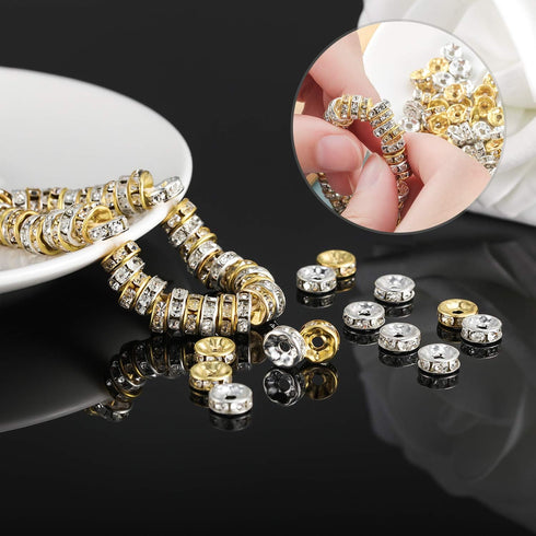 Bememo 200 Pieces 8mm Rondelle Beads Crystal Spacer Beads Loose Beads for Jewelry Bracelets Making (Golden and Silvery)...