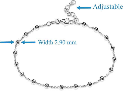 Quadri - Certified Made in Italy - 925 Sterling Silver Italian Anklet Beads Bracelet 3mm Diamond-Cut for Women and Teens 9+1 Inchs Adjustable...