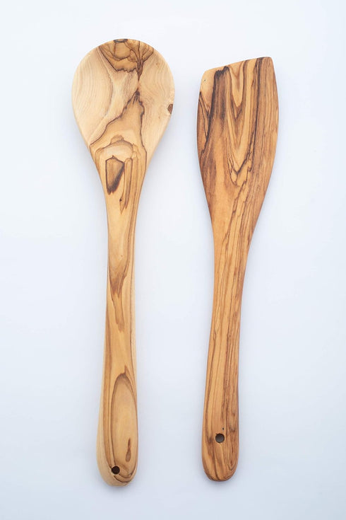 Handcrafted Olive Wood Cooking Spoon & Spatula (10 Inch Set of 2 Pieces) Carved by Talented Artists in Bethlehem, Practical Wooden Utensils Last f...