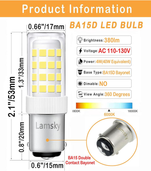 BA15D LED Double Contact Bayonet Base Sewing Machine Bulb AC110-130V,T3/T4/C7/S6,4W Daylight 6000K,LED 40W Halogen Replacement Bulb,No-Dimmable,2-...